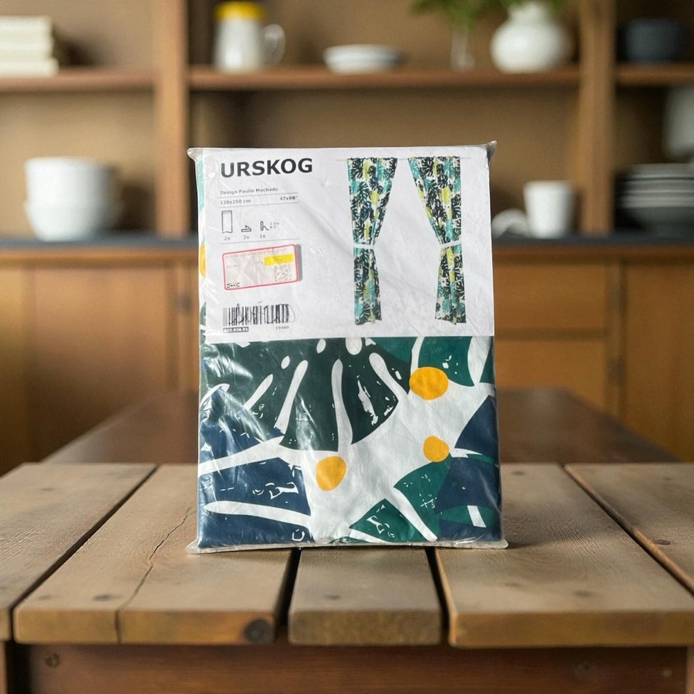 IKEA Urskog 2 Pc Mod Botanical Green/Blue Curtain Panels NEW